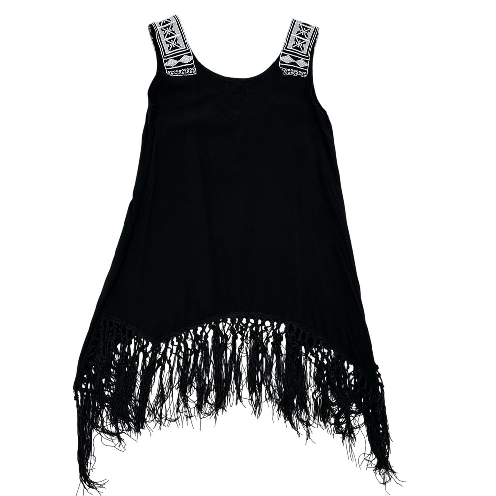 Lady's World Small Black Boho Fringe Tank Top Embroidered Straps Festival Summer